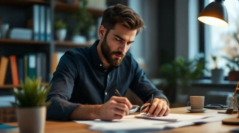 Mann liest Foerderungsunterlagen am Kuechentisch in Wuppertal
