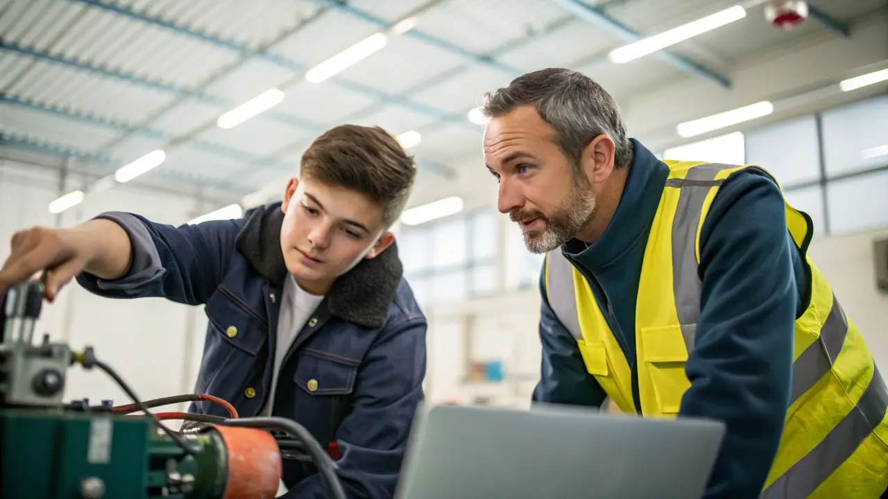 Ausbilder erklärt einer jungen Auszubildenden etwas an einem Werkstück in einer Werkstatt