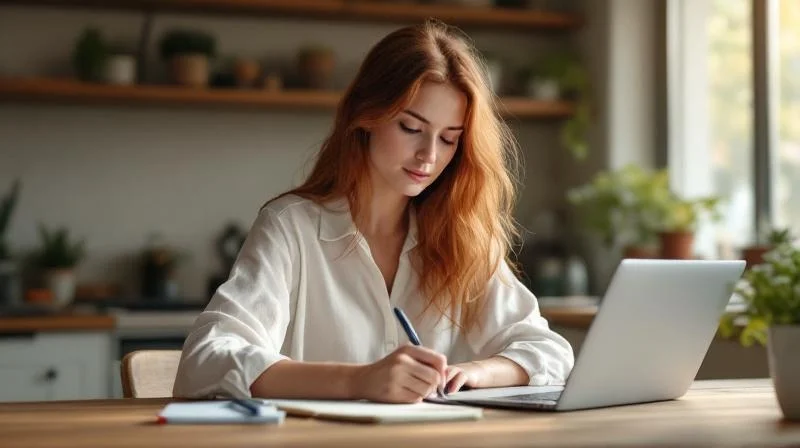 Frau recherchiert am Laptop Weiterbildungsmoeglichkeiten in einem Wuppertaler Wohnzimmer