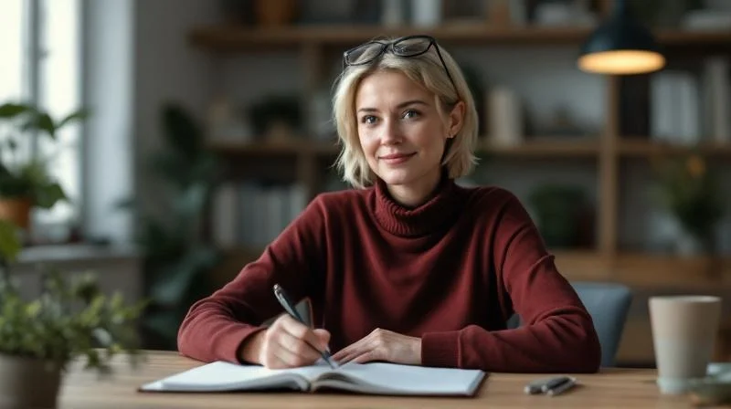 Frau studiert Unterlagen am Schreibtisch und macht Notizen fuer ihre Fortbildung in Wuppertal