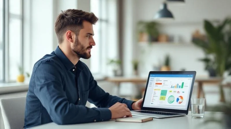 Mann im Business-Casual-Look blickt konzentriert auf seinen Laptop an einem modernen Arbeitsplatz in Wuppertal