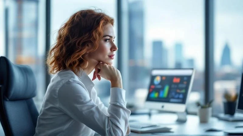 Frau arbeitet konzentriert am Laptop in einem modernen Buero in Wuppertal