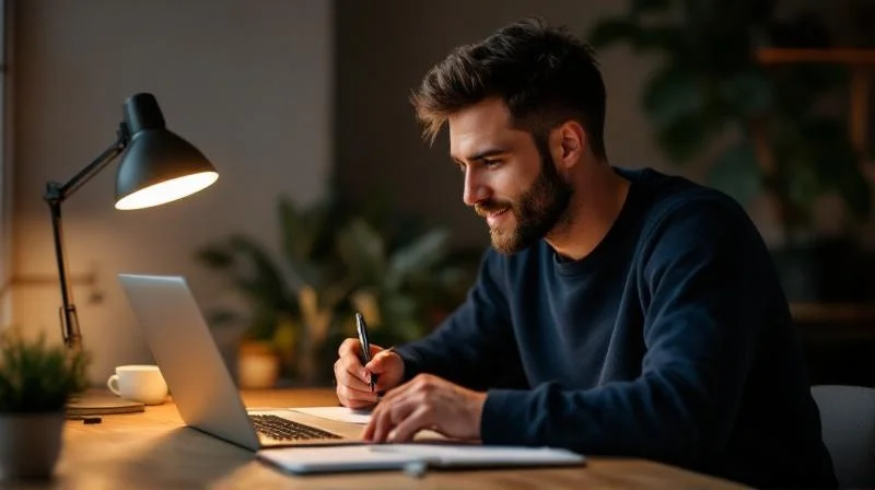 Mann lernt konzentriert am Schreibtisch fuer den Wirtschaftsfachwirt